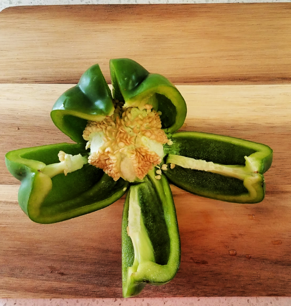 Green pepper sliced open revealing seeds